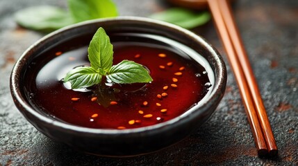 Dark, glossy Asian dipping sauce in a small bowl, garnished with fresh basil and sesame seeds