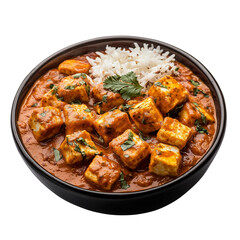 Delicious paneer curry served with fluffy rice, showcasing vibrant colors and rich textures in a black bowl isolated on white background and transparent background