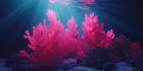 Vivid pink coral reefs are illuminated by beautiful sunlight beams