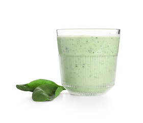 Glass of fresh spinach smoothie on white background