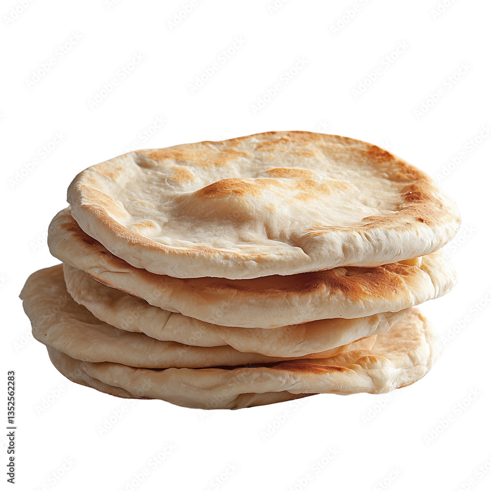 Poster stack of naan flatbreads showcasing their soft texture and golden-brown color. isolated on white bac