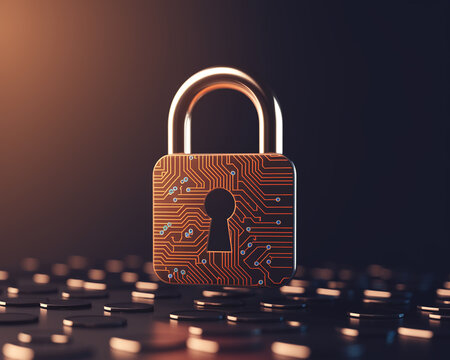 Digital padlock with circuit board design, hovering above dark surface, symbolizes cybersecurity, data protection, and digital safety