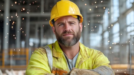 Construction worker portrait.  Focused on a serious, confident male worker in safety gear, amidst a metal fabrication facility. 