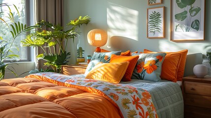 A Vibrant Bedroom Showcasing a Cozy Bed with Colorful Patterned Bedding, Lush Indoor Plants, Elegant Wooden Furniture, Artistic Wall Decor, and a Warmly Lit Woven Table Lamp for a Relaxing Ambiance"