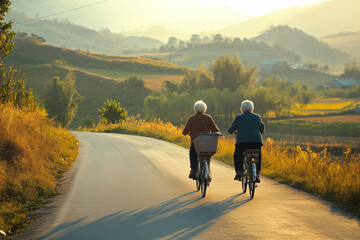 Fototapeta premium Two elderly women are riding bicycles down a road. The road is empty and the sun is shining brightly