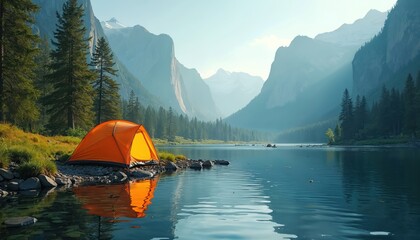 Orange tent near river edge. Towering mountains, rich green nature in scenic wilderness landscape. Clear blue skies, calm water reflection enhances tranquil, relaxing atmosphere, perfect for vacation.