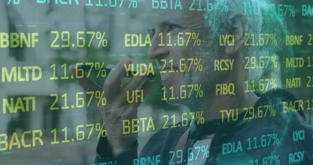 Talking on phone, businessman with stock market animation overlaying in office - Powered by Adobe