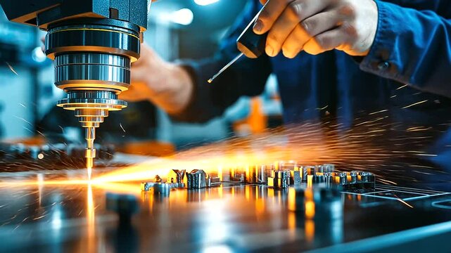 A technician calibrating a high-speed CNC milling machine, ensuring precision in mechanical component production.