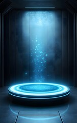 A futuristic 3D product display podium with a floating, holographic base, set in a dimly lit, sci-fi-inspired environment