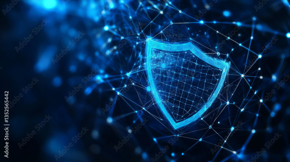Aufkleber shield icon and secure network communication, cyber security concept.