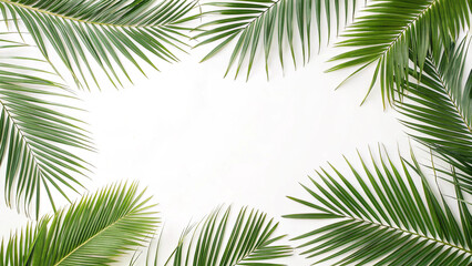 Stylish tropical leaves bordering a blank white space, a great template for summer-themed advertising and design projects.