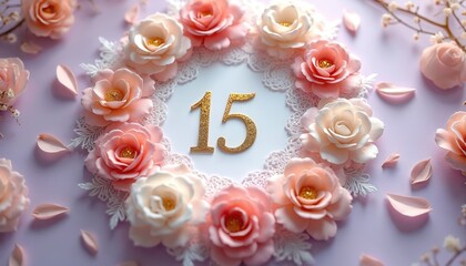 Elegant Quinceanera invitation, floral design with gold accents, pastel colors. Celebration of 15 years with delicate roses, lacy details. Suitable for milestone birthdays, formal party occasions.