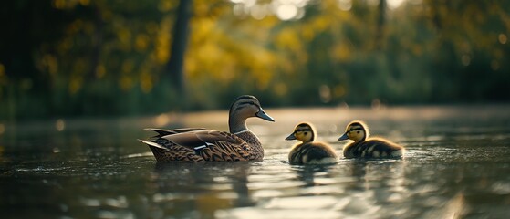 AI generated image of ducks swimming together in a calm pond during a gentle rain, Pond, Rainy, Duck swims in the pond in the rain. Portrait of a male of duck on the water. Mallard, lat. Anas platyrhy