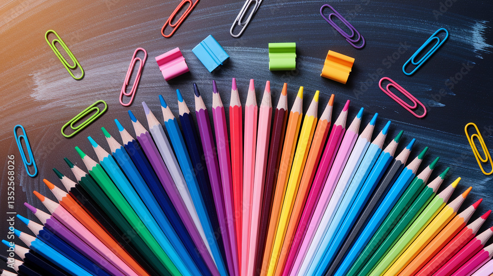 Poster colored pencils arranged in a semicircle on dark background, surrounded by paper clips and erasers. 