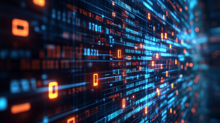 Digital information technology concept. Cybersecurity and protection system from online crime threats. Data Analytics or Data Science. Binary code on dark blue background.