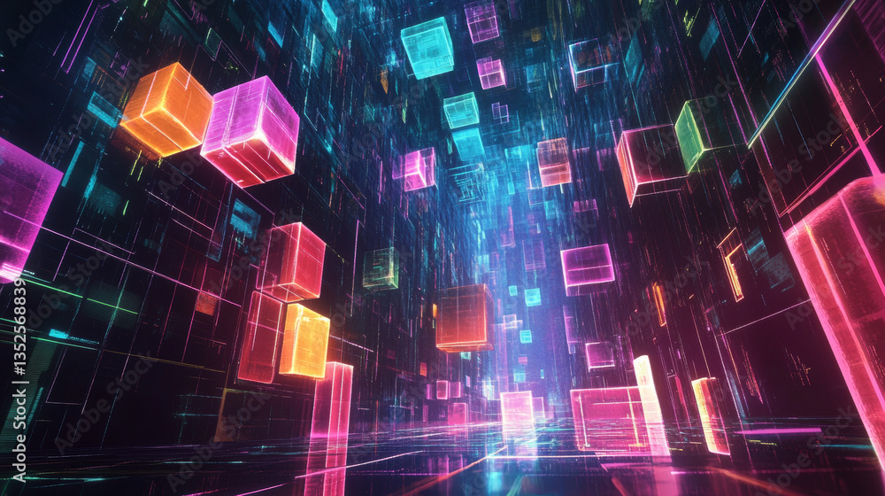 Poster blockchain technology concept transparent decentralized storage system. interconnected chain on a da