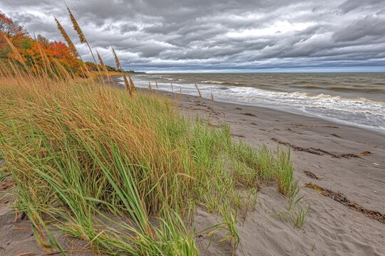 Autumnal beach scene with tall grasses, grey sand, and a stormy sea