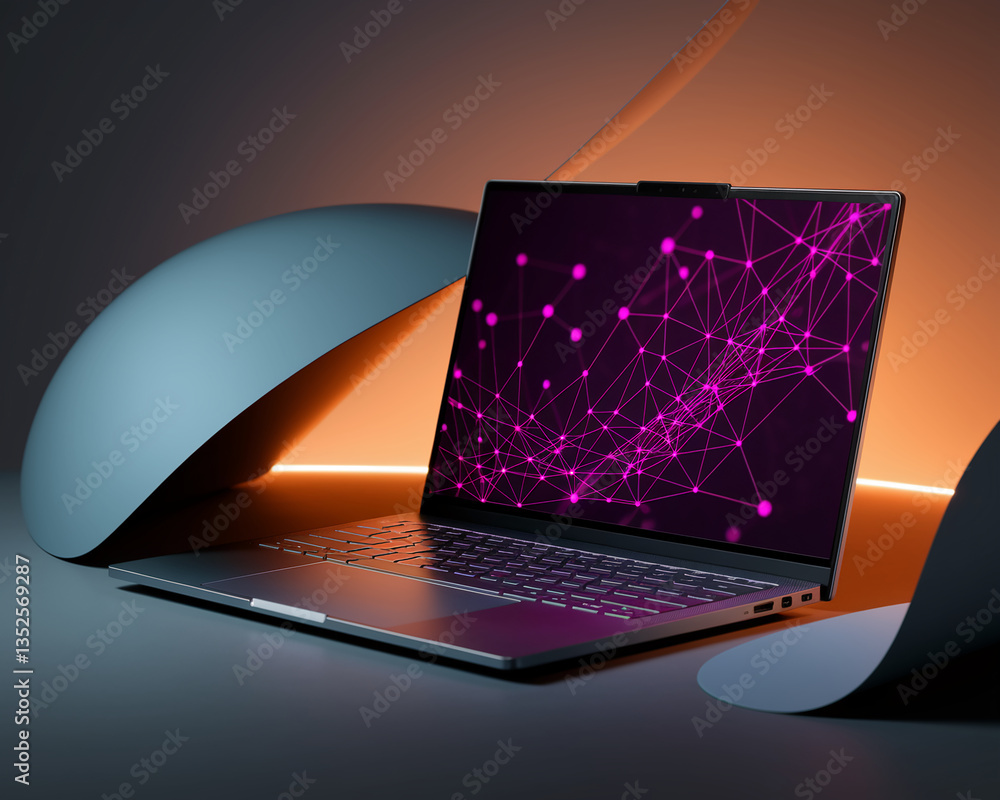 Aufkleber silver laptop with pink network graphic on screen, displayed on dark gray surface with abstract shap