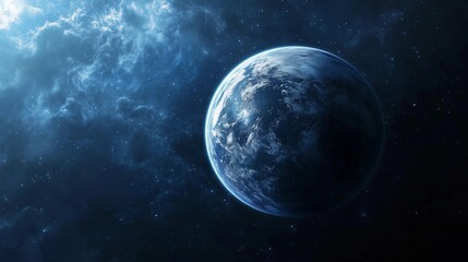 Fototapeta premium A blue planet in space with a lot of stars. The planet is the center of the image