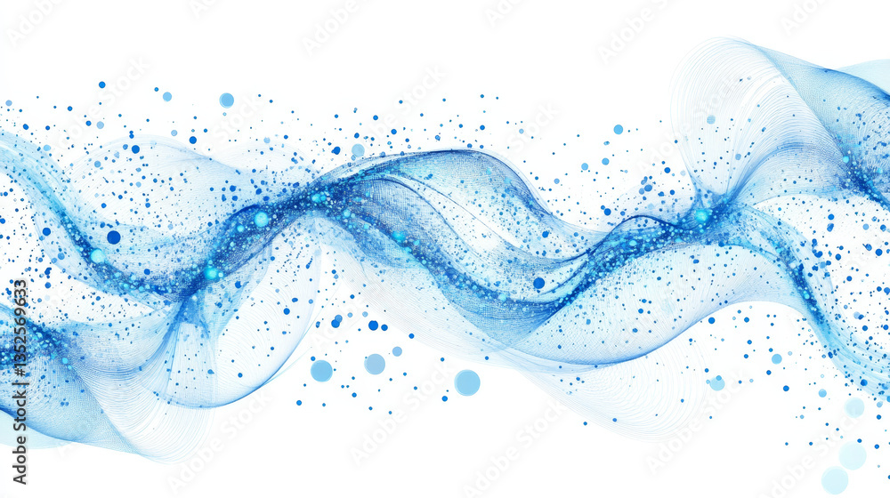 Poster abstract blue digital particles, lines and dots connection wave flow, digital data network connectio