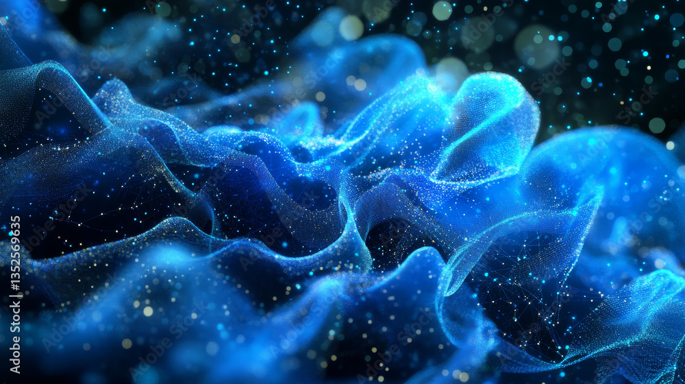 Poster abstract blue digital particles, lines and dots connection wave flow, digital data network connectio