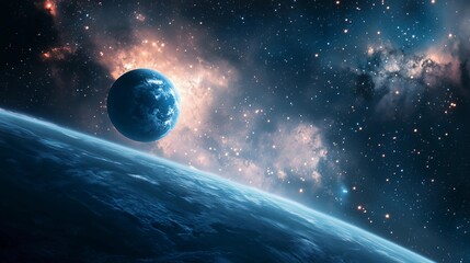 Fototapeta premium A blue planet with a large moon in the sky. The sky is filled with stars and the planet is surrounded by a cloud of gas