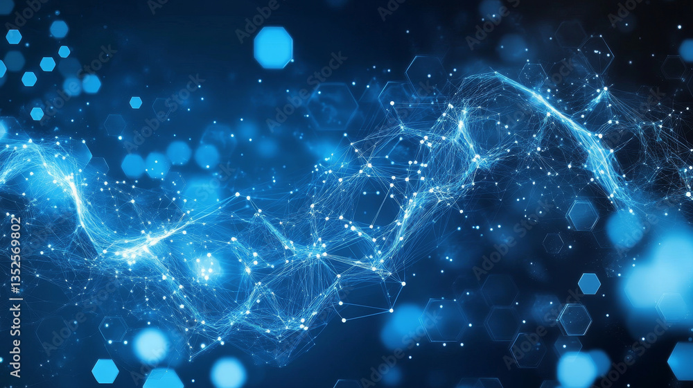 Poster blue hexagon shape connection wave flowing, cyber technology abstract background 3d rendering