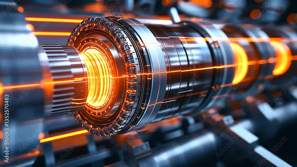 Poster a concept design of an ultra-efficient mechanical heat exchanger, visualized in glowing d digital re