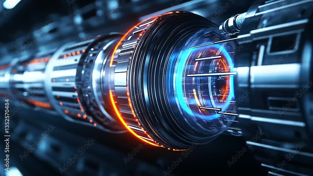 Poster a concept design of an ultra-efficient mechanical heat exchanger, visualized in glowing d digital re
