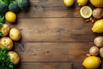 Fresh lemons broccoli potatoes and nuts on wood surface