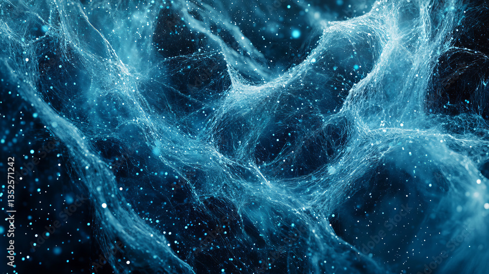 Poster blue color particles wave flowing with lines and dots connection, digital cyberspace futuristic, abs