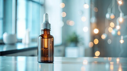 Naklejka premium Essential oil bottle on a table with a blurred bokeh background 