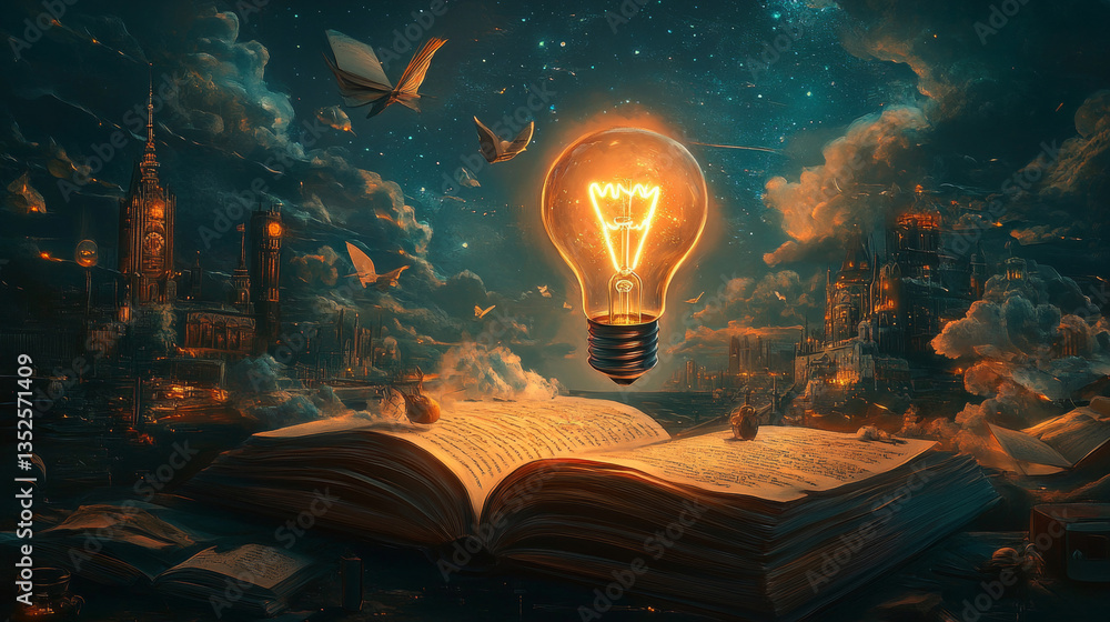 Poster learning from books or textbooks and the internet brings new ideas. polygons connected around a glow