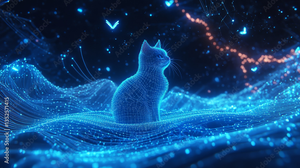 Poster blue color particles wave flowing with lines and dots connection, digital cyberspace futuristic, abs