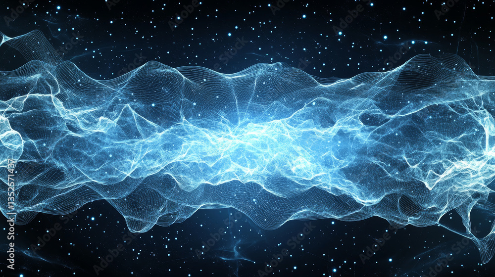 Poster blue color particles wave flowing with lines and dots connection, digital cyberspace futuristic, abs