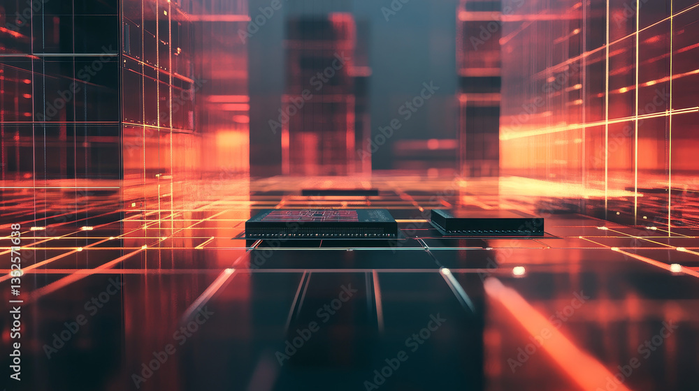 Poster futuristic ai chip surrounded by circuits on a digital grid background, symbolizes artificial intell