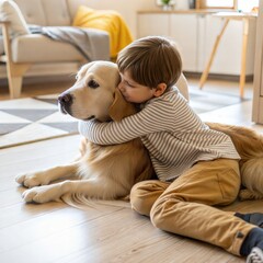 Boy embracing golden retriever dog in a cozy living room  