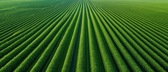 Obraz premium Expansive Green Agricultural Field with Neat Rows of Growing Crops Under Bright Clear Sky