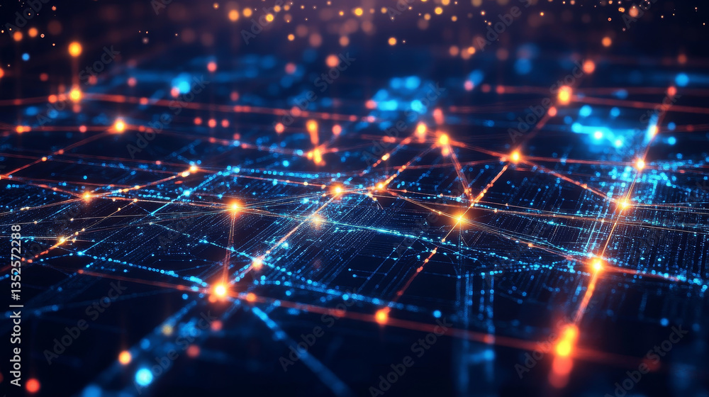 Poster digital cyberspace with particles and digital data network connections, futuristic digital data disp