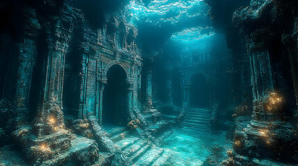 Underwater ruins of an ancient civilization with intricate carvings, illuminated by soft light
