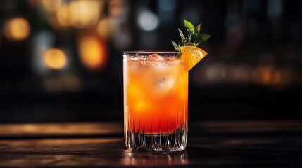 A glass of red drink with a slice of orange on top. The drink is sitting on a table