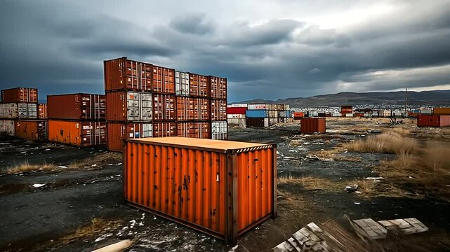 An abandoned port with rusting shipping containers, illustrating the long-term impact of a prolonged trade war.