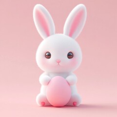 Obraz premium Cute rabbit holding a pink egg in a pastel setting during Easter celebration activities