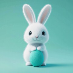 Obraz premium Cute white rabbit holds pastel blue egg in vibrant backdrop during Easter celebration
