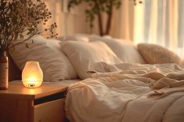 clean cotton sheets, sleep mask, and diffuser on nightstand, quality sleep wellness focus, soft ambient