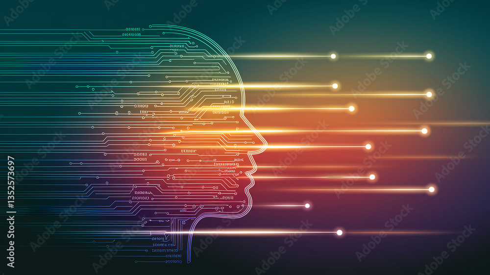 Poster abstract digital head profile, circuit lines forming human head glowing lines streaming from it repr