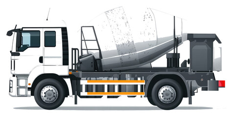 A white cement mixer truck is shown in side profile view