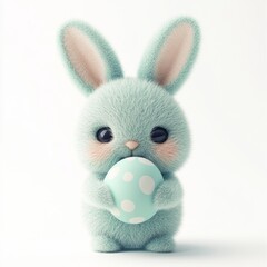 Soft mint-colored rabbit holding an Easter egg with white polka dots in a playful and charming setting