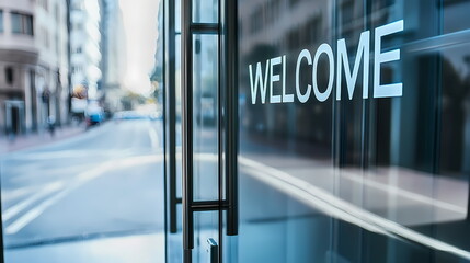 Welcome sign on glass door of modern building