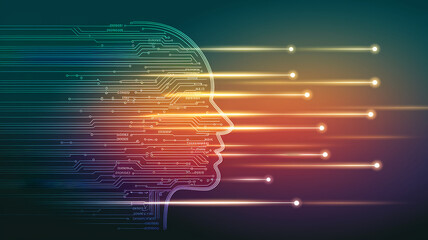 Abstract digital head profile, circuit lines forming human head glowing lines streaming from it representing data flow or neural network symbolizing artificial intelligence, technological advancement